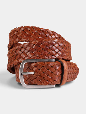 Braided leather belt 35 mm - Cognac