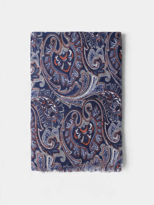 Paisley Wool Scarf - Navy