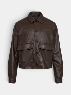 Faux Leather Overshirt - Dark Brown